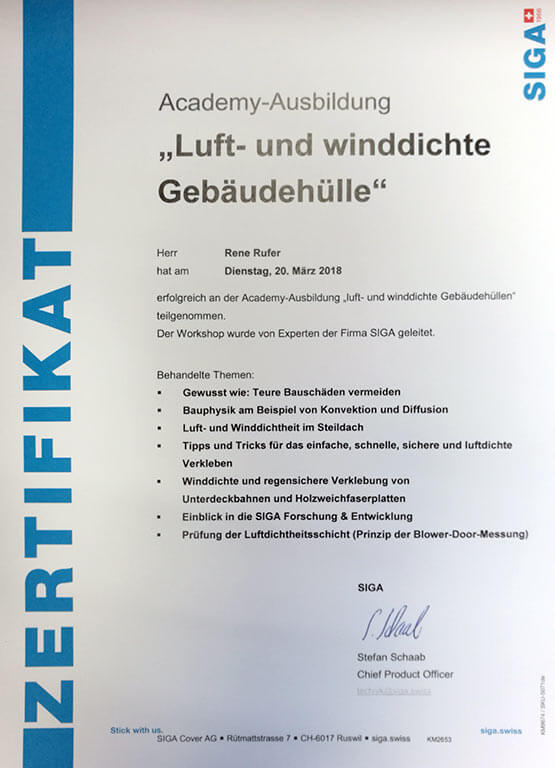 RWS GmbH - Luft- und Winddichte Gebäudehülle 2018 Zertifikat