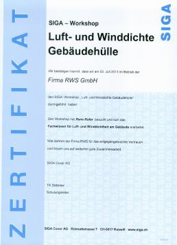 RWS GmbH - Luft- und Winddichte Gebäudehülle Zertifikat
